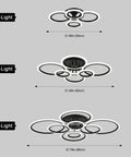 Sleek Modern LED Flush Mount Ceiling Light With Six Black Rings, Low Key Low Profile Ceiling Fixture, size comparison chart.
