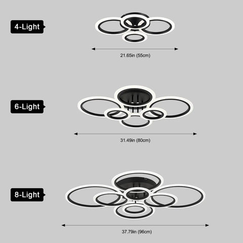 Sleek Modern LED Flush Mount Ceiling Light With Six Black Rings, Low Key Low Profile Ceiling Fixture, size comparison chart.