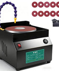 Heavy Duty Electric Wet And Dry Belt Sander With Seven Speeds Up To 3350 Rpm Multi-Angle Knife Sharpener Tool in black with sanding discs.