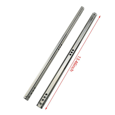 2 Pack 13.5 Inch Drawer Slides With Mounting Screws Cold Rolled Steel Glide Tracks For Cabinets Furniture And Lab Carts Smooth As Butter Operation No Hassle Install Rust Proof Finish, showing two steel tracks with mounting holes.