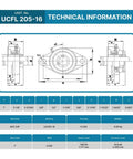 Technical diagram for Flange Mounted Pillow Block Bearings Pack Of 2 Heavy Duty Chrome Steel Housed With 1 Inch Bore UCFL20516