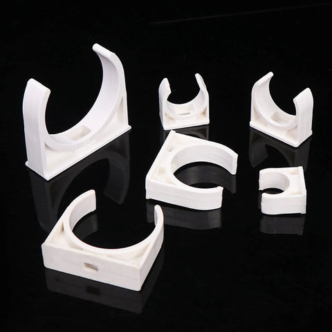 U Shaped PVC Pipe Clamps 50mm 2 Inch White 20 Pack Durable Pipe Clips for securing 50mm pipes and tubing, assorted angles.