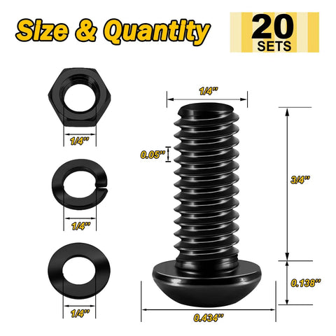1/4-20 Button Head Socket Cap Bolt Kit With Black Oxide 304 Stainless Nuts And Washers, 20 sets, bolt dimensions and sizes shown