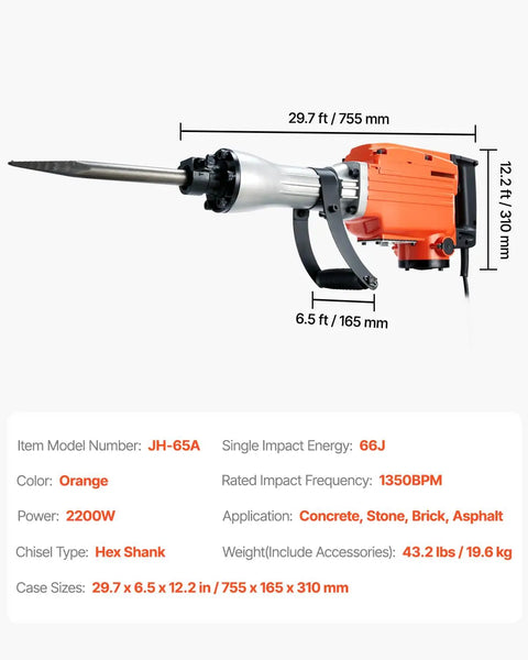 Beefy Heavy Duty Demolition Jack Hammer 2200W Electric Concrete Breaker With 1350 BPM, orange and silver, 2 chisels, case included