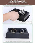 Professional Grade Electric 58 Mm Portafilter Cleaner With Automatic Puck Knock Box And Rapid Spin Handle Scraper setup view with brush and grinder.