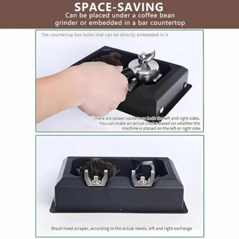 Professional Grade Electric 58 Mm Portafilter Cleaner With Automatic Puck Knock Box And Rapid Spin Handle Scraper setup view with brush and grinder.
