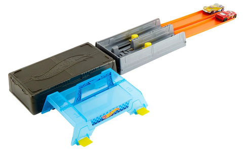 Race Case Track Set With Dual Launchers For Side By Side Racing And 1 64 Scale Cars Included Portable Storage Case Holds Track Pieces