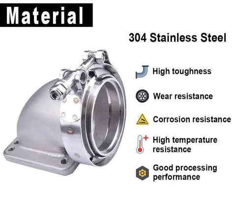 3 Inch Turbo Elbow Downpipe Adapter With V Band Clamps In 304 Stainless Steel For T3 And T4 Flange Turbochargers Easy Install High Flow Exhaust Upgrade For Your Ride showing material properties and benefits.