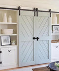 Barn Door Lock Hardware Heavy Duty Metal Gate Latch 3 Pack style doors with shelving, showcasing a light blue and white design.