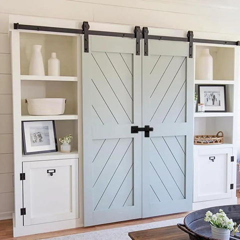 Barn Door Lock Hardware Heavy Duty Metal Gate Latch 3 Pack style doors with shelving, showcasing a light blue and white design.