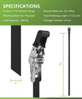 Rock Solid Hookless Ratchet Straps Pack A Slick Endless Loop Design For Zero Scratch Damage And Hardened Closure Mechanisms Making Load Handling Hella Easy In This Reliable Two Pack, showing specifications of 1"x4' polyester straps with zinc alloy ratchets.