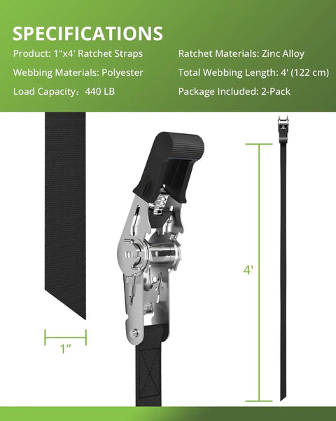 Rock Solid Hookless Ratchet Straps Pack A Slick Endless Loop Design For Zero Scratch Damage And Hardened Closure Mechanisms Making Load Handling Hella Easy In This Reliable Two Pack, showing specifications of 1"x4' polyester straps with zinc alloy ratchets.