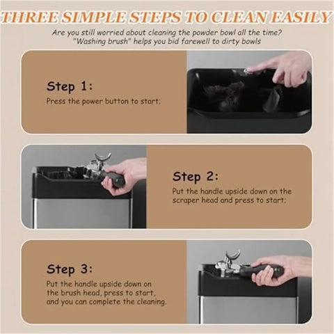 Step-by-step guide showing No Sweat Electric Portafilter Cleaner With Quick Spin Motor And Dual Brush Heads for easy cleaning.