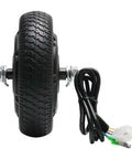Front view of 24V 250W Gearless Brushless Hub Motor with 6.5 inch solid tire wheel and cables for scooter, ebike, toy car, mini car replacement.