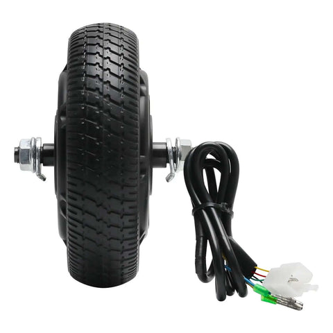 Front view of 24V 250W Gearless Brushless Hub Motor with 6.5 inch solid tire wheel and cables for scooter, ebike, toy car, mini car replacement.