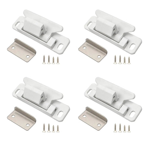 Set of four heavy duty magnetic door latches for outdoor camper and RV exterior use with stainless strike plates and screws.