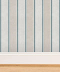 Rustic Victorian Matte Linen Wallpaper, beige and blue striped design, 2 feet wide for kitchen and bathroom decor.
