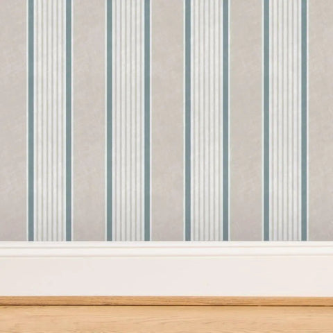 Rustic Victorian Matte Linen Wallpaper, beige and blue striped design, 2 feet wide for kitchen and bathroom decor.