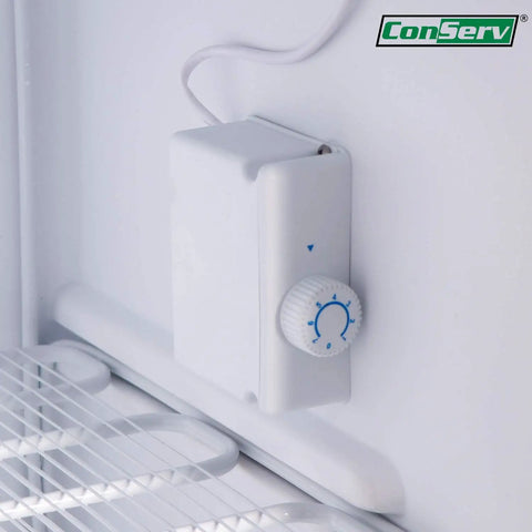 Interior view of the temperature control panel of A Top Shelf 3 Cubic Foot Midi Upright Freezer In Stainless Steel.