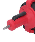 Close-up of the handle and flexible spiral cable of the Cordless Electric Drain Auger Knocks Out Nasty Drain Clogs Fast With 23 Foot Flexible Spiral Cable For Sinks Toilets And Bathtubs Heavy Duty Rechargeable Tool.
