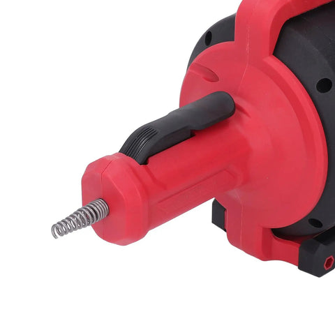 Close-up of the handle and flexible spiral cable of the Cordless Electric Drain Auger Knocks Out Nasty Drain Clogs Fast With 23 Foot Flexible Spiral Cable For Sinks Toilets And Bathtubs Heavy Duty Rechargeable Tool.