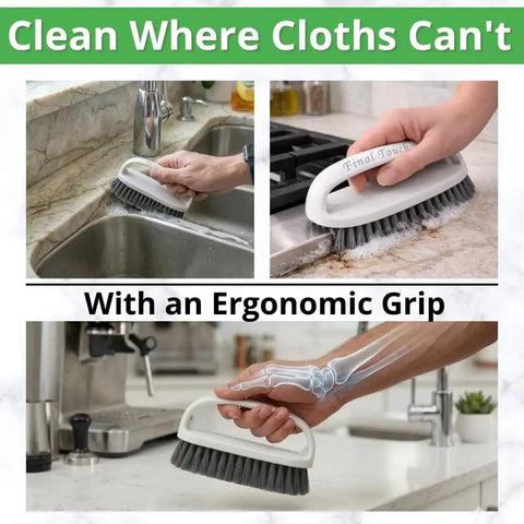 Person using scrub brush shown to clean kitchen surfaces, highlighting ergonomic grip with x-ray effect. AllStone Countertop Cleaner Plant Based Stone Safe Daily Use Spray With Scrub Brush For Granite Quartz Marble And Stone Surfaces Delivers Streak Free Detail Clean Without Harsh Chemicals.