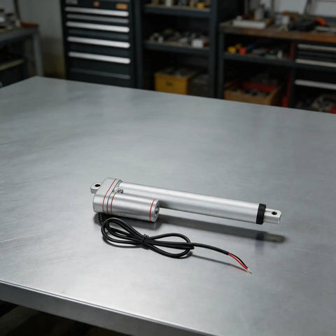 12V Electric Linear Actuator With Straight Push Pull Rod For Heavy Duty Industrial Automation And Sofa Lifts IP65 Waterproof on a steel surface.