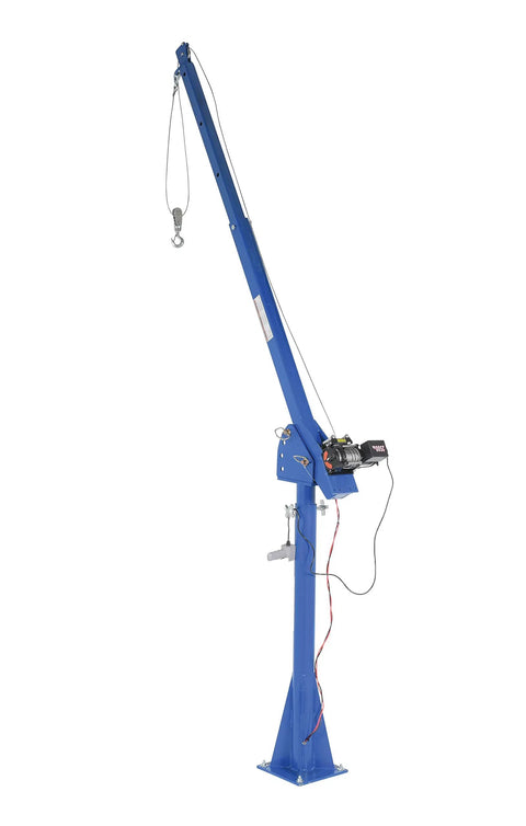 Tough As Nails 12 Volt DC Power Jib Crane with swivel boom, 2000 lbs capacity, in blue with electric winch.