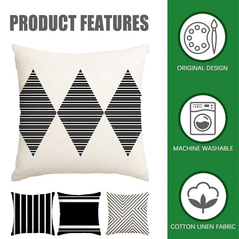 Black and beige boho style outdoor pillow covers with geometric diamond design, original design, machine washable, cotton linen.