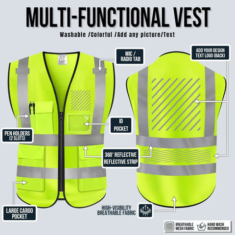Straight Up Heavy Duty High Visibility Reflective Safety Vest With Custom Logo Printing For Outdoor Crews Bright Yellow Hi Vis Premium Workwear For Jobsites with ID pocket and reflective strips
