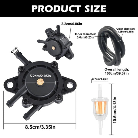 Direct Fit Straight Swap Boss Grade Fuel Pump Kit With Built In Filter And Oil Gauge Line For Briggs Stratton Kohler 17Hp To 25Hp Lawn Mowers and Golf Carts, featured dimensions and components.