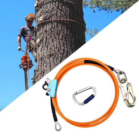 Tree Climbing Positioning Lanyard 1/2 Inch By 10 Foot Steel Wire Core Rope, adjustable, shown in use by arborist on tree
