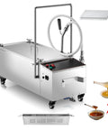 Heavy Duty Commercial Fryer Oil Filter Cart With Wheels For Restaurant Kitchens Fifteen Gallon Stainless Steel Unit front view with hose.