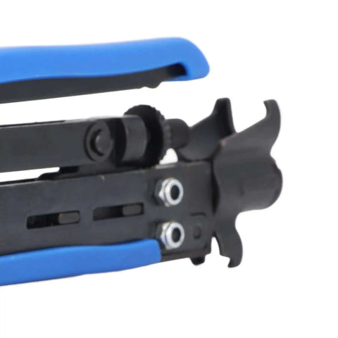 Close-up view of All In One Coax Cable Tool Kit with adjustable F head and anti-slip grip, perfect for RG6 RG59 RG11 and 75 Ohm F connectors.