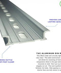 Close-up view of Heavy Duty DIN Rail Slotted Aluminum 35mm Wide 7.5mm High Two Inch Length Five Piece Set For Industrial Mounting RoHS Compliant