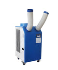 Heavy Duty Commercial Industrial Air Conditioner Portable Spot Cooler Unit with dual exhaust hoses and wheels for easy mobility.