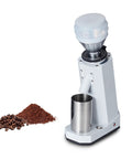No Fuss Electric Coffee Grinder Featuring A 40mm Hardened Stainless Steel Conical Burr And 19 Exact Gear Positions For Killer Espresso And Hand Drip Brewing In Sleek White Design, showcasing ground coffee.