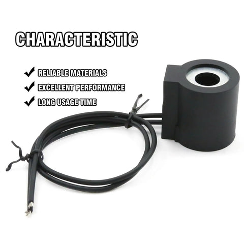 12V DC 16W Solenoid Coil for Valve Stem Series 08, dual wire leads, half inch hole, durable copper windings with text characteristics