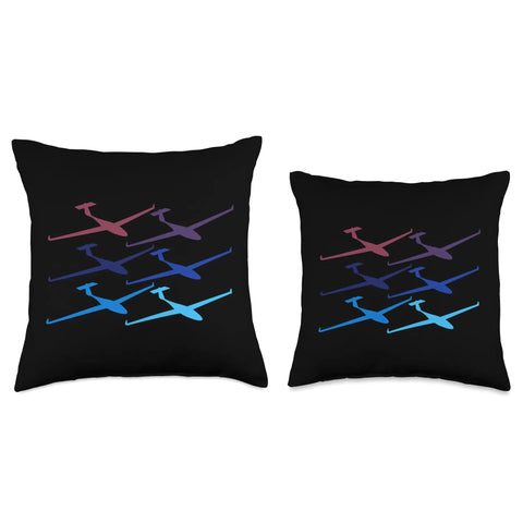 Airplane Pilot Glider Throw Pillow Vintage Style Aviation Cushion with glider silhouettes in multicolor on black background