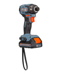 Cordless 20-Volt Max 1/2-Inch Hammer Drill Driver And 1/4-Inch Impact Driver Power Tool Combo, side view of impact driver with battery.