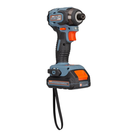 Cordless 20-Volt Max 1/2-Inch Hammer Drill Driver And 1/4-Inch Impact Driver Power Tool Combo, side view of impact driver with battery.