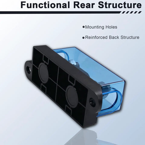 Rock Solid ANM Bolt On Fuse Holder Block 60 Amp Rated 12 To 48 Volt DC Circuit Protector rear view showing reinforced back structure and mounting holes.