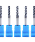 Five 5/32-inch carbide square-end mills (4-flute) with blue plastic storage sleeves