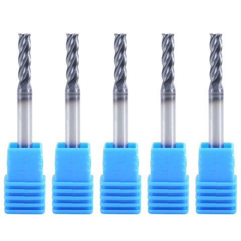 Five 5/32-inch carbide square-end mills (4-flute) with blue plastic storage sleeves
