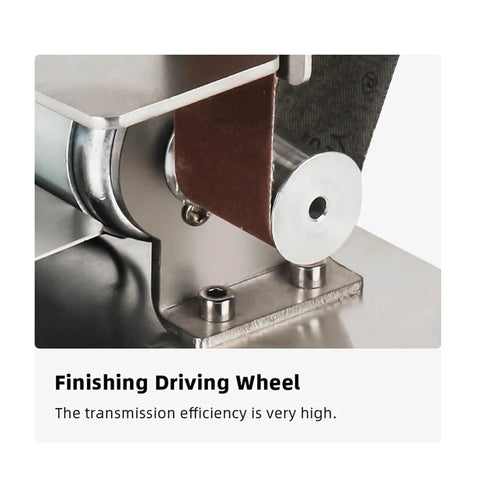 Close-up of the finishing driving wheel on Compact Mini Electric Belt Sander And Grinder Machine for desktop use.