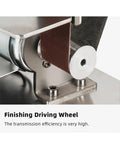 Close-up of the driving wheel on the Mini Electric Belt Grinder And Polisher Tool With 775 Motor for precise sanding work.