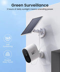 Solar Wireless Outdoor Security Camera System 4-Cam Kit With 2K QHD Video mounted on wall with solar panel for power