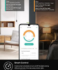 Smartphone with app showing settings for Hands Free Smart Motion Sensor Light Switch in a living room, 2.4GHz WiFi, UL Certified