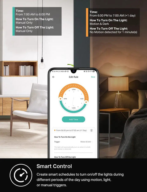 Smartphone with app showing settings for Hands Free Smart Motion Sensor Light Switch in a living room, 2.4GHz WiFi, UL Certified