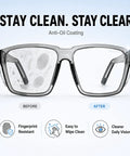 Built Tough Photochromic Safety Glasses With Auto Darkening Lenses Shifting From Clear Indoor View To Dark Shades Outside showing before and after anti-oil coating.